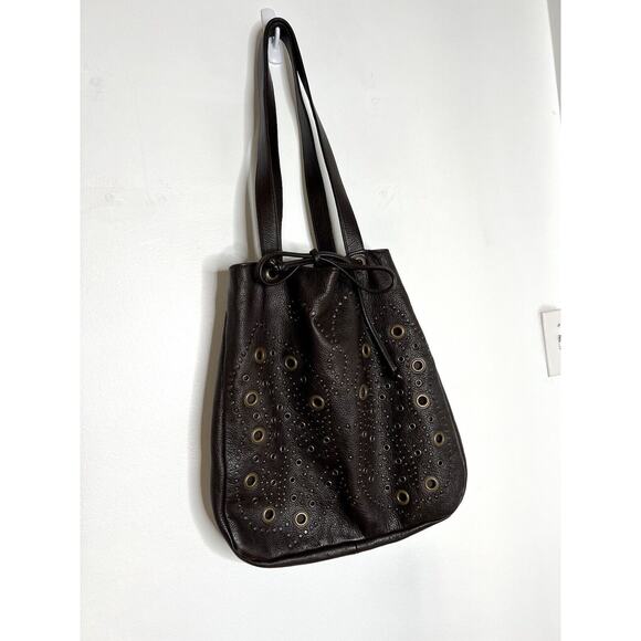 Y2K Hilton Weiner Leather Perforated Purse Studded Brown Bucket Bag Grommets - Picture 4 of 16